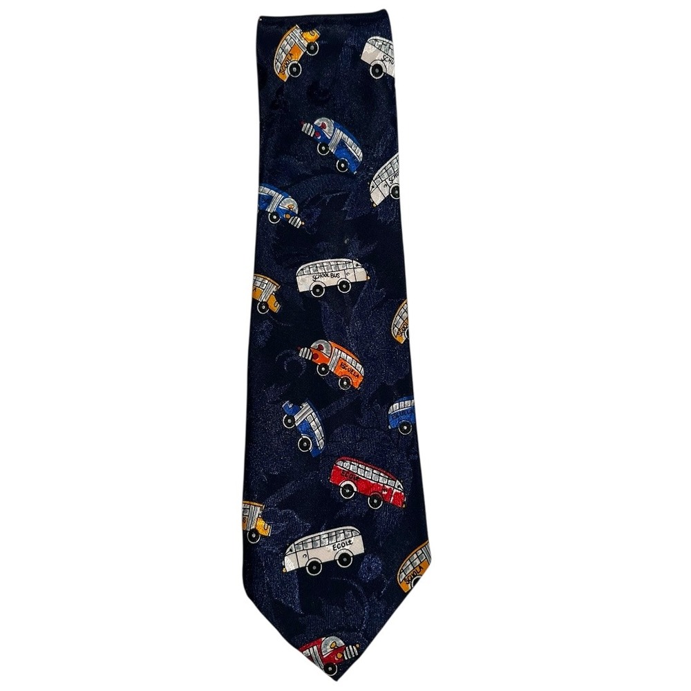 A Rodgers. School Buses Necktie‎ Navy Blue Novelty Print Teacher Gift Polyester
